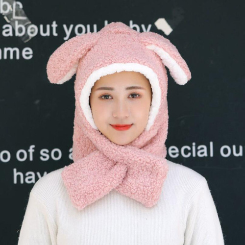 Cute Plush Hat Integrated Scarf Scarf Rabbit Length Movable Ears Rabbit Ushanka Autumn and Winter Female