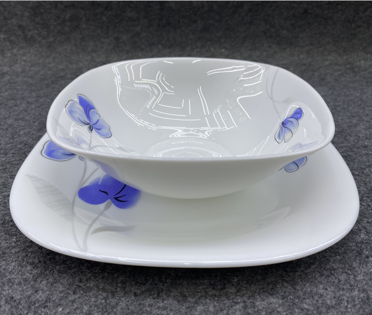 玻璃瓷餐具白玉玻璃盘玻璃瓷碗套装钢化玻璃玻璃瓷方形贴花散件