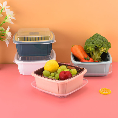 Creative Multi-Functional Double-Layer Draining Basket with Lid Kitchen Refrigerator Draining Crisper Plastic Fruit Storage Basket
