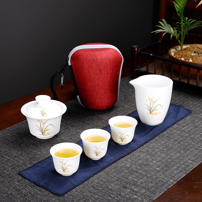 New Sheepskin Jade Hand-Painted Gold Foil Travel Tea Set Portable Storage Household Simple Business