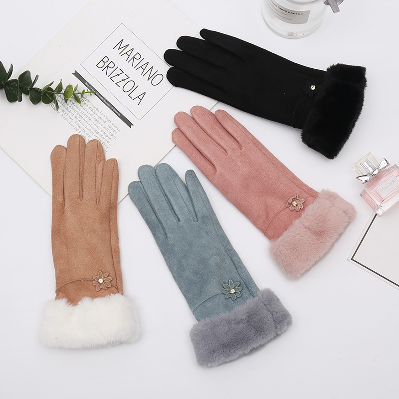 Women's Warm Suede Gloves for Autumn and Winter Non-Slip Fur Mouth Gloves for Cycling and Drivi