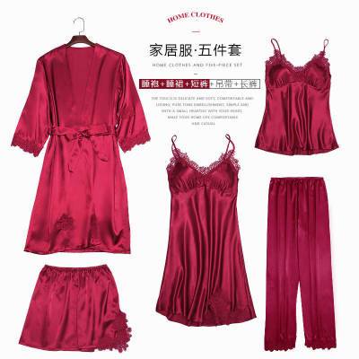 Qimeiren Padded Pajamas Women's Spring Summer Sexy Imitated Silk Pajamas FivePiece Suspender Shorts Nightdress Nightgown