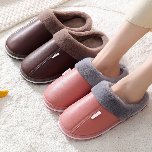 Two-Tone Bottom Fur Mouth Leather Slippers Men‘s and Women‘s Autumn and Winter Home Wooden Floor Warm Cotton Slippers Non-Slip Warm Shoes