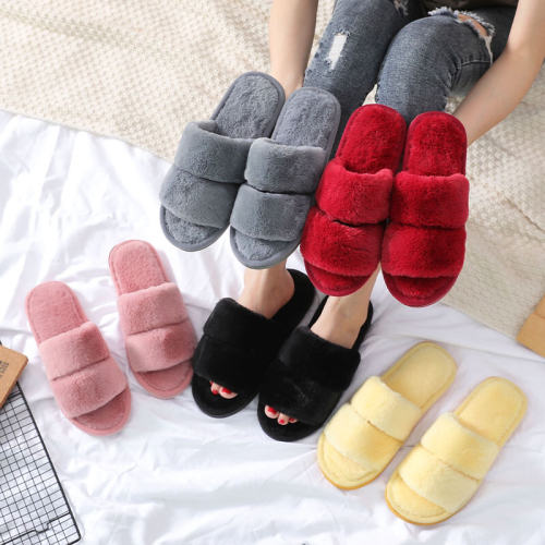 1314 women‘s wooden floor with double-strip fur and one-word opening fashionable japanese warm winter cotton slippers open