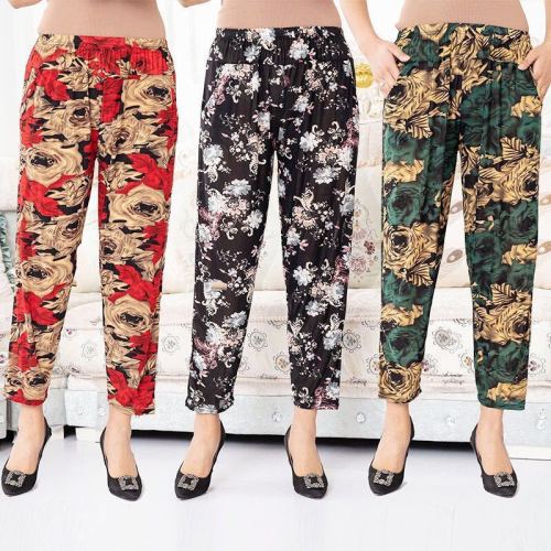 summer ice silk mom pants middle-aged and elderly loose large size leggings soft breathable cropped bloomers factory direct sales