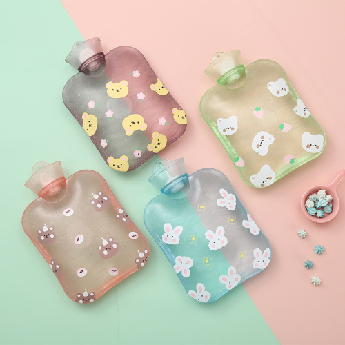 Winter New Pearl Transparent Hot Water Injection Bag Cartoon Print Fresh Cute Girl Cold-Proof Warm Palace 900ml