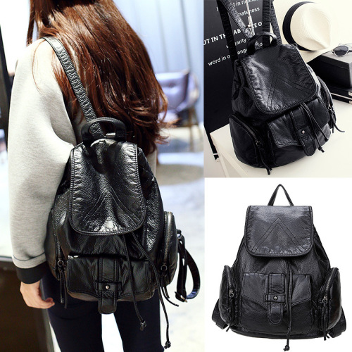 Taoyin Leather * Backpack Women‘s Korean-Style Versatile New Preppy Style Simple Casual Washed Leather Pull-Belt Backpack