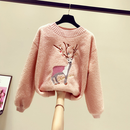 Multiple Pieces 2020 Autumn and Winter women‘s Korean-Style Loose Lambswool Fleece-Lined Embroidered Sweater