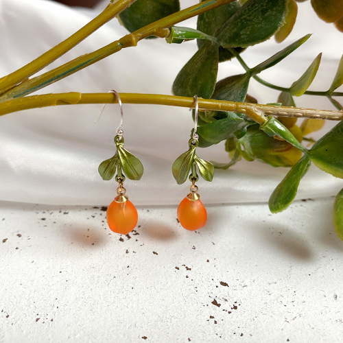Artistic Retro Pastoral Plant Mori Style Glazed Orange 925 Silver Needle Stud Earrings French Simple Student Earrings