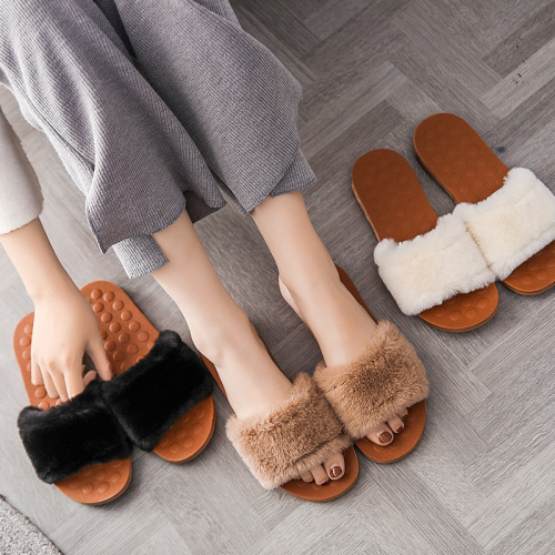 [spot] plain simple furry slippers women‘s autumn and winter fashionable outer wear flat non-slip net red ins flip flops
