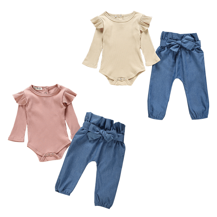 Amazon Hot Sale Khaki/Dark Pink Sunken Stripe Long-Sleeve Jumpsuit + Belt Denim Pants Two-Piece Set