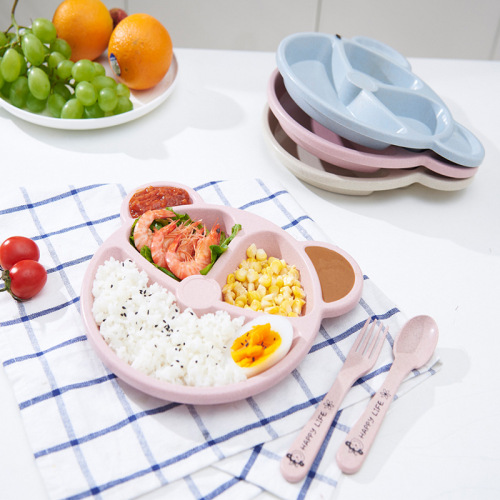 wheat grid bear children‘s dinner plate set creative household tableware baby grid plate breakfast plate with fork spoon