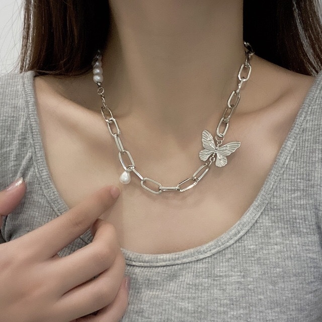 Butterfly Pearl Stitching Necklace Korean Ins Cool Style Metal Thick Chain Hip Hop Choker Women'
