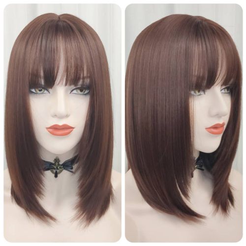 european and american wig women‘s brown flat bangs short straight hair bobo wave head short hair high temperature wire direct sales