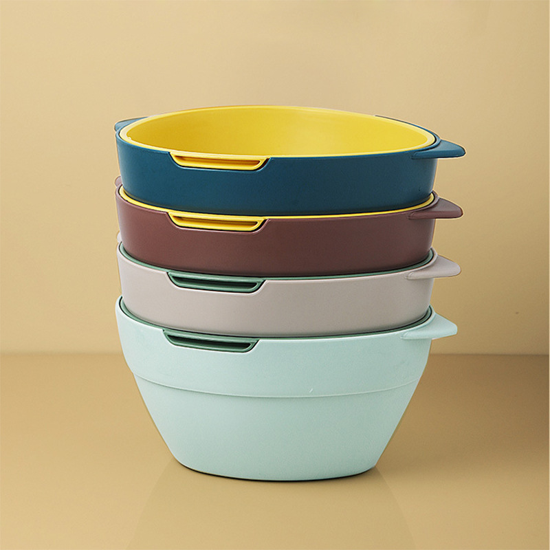 New Drain Basket Double-Layer Kitchen Hollow Draining Tray Rice Washing Multi-Purpose Plastic Storag