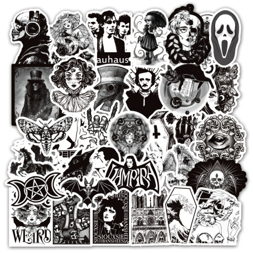 50 New Black and White Punk Gothic Graffiti Stickers Waterproof Trolley Case Notebook Skateboard Stickers Painting Stickers