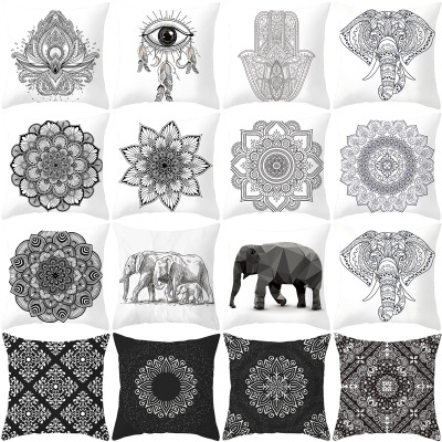 Black and White Ethnic Style Mandala Elephant Printing Car Throw Pillowcase Sofa Pillow Cases Amazon Household Supplies