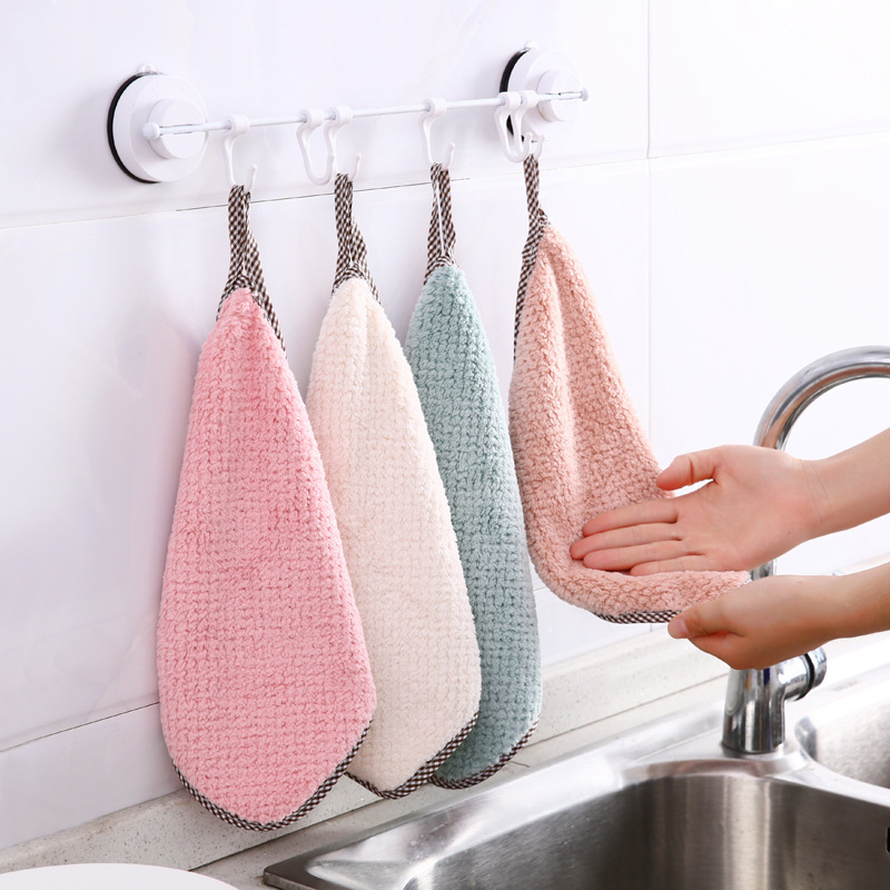Double-Sided Rag Coral Fleece Lint-Free Absorbent Hand Towel Plain Dish Cloth Hanging Lazy Rag
