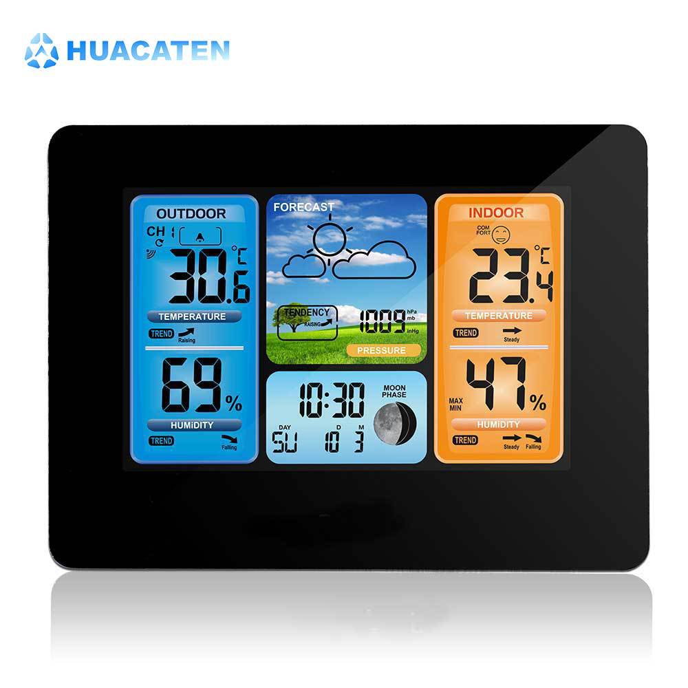 Huacaten Color Screen Weather Station Clock Black Wall Clock Temperature and Humidity Sensing Electr