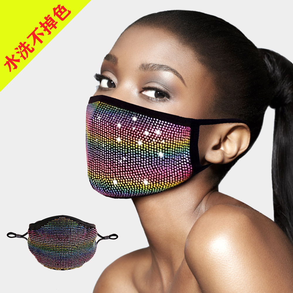 Rainbow Rhinestone Cloth Mask Fashionable Cool Pluggable Filter Dust-Proof Anti-Haze Rhinestone Mask