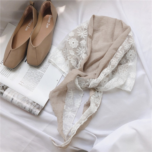 Korean Style Retro Lace Stitching Cotton and Linen Scarf Female Rhombus Triangular Binder Spring， Summer， Autumn Ins Style Small Scarf