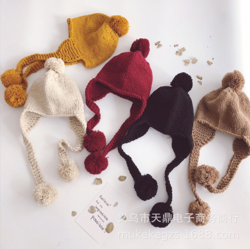 Korean Big Ball Braided Braid Children‘s Ear Protection Knitting Hat Winter Handmade Baby Wool Hat