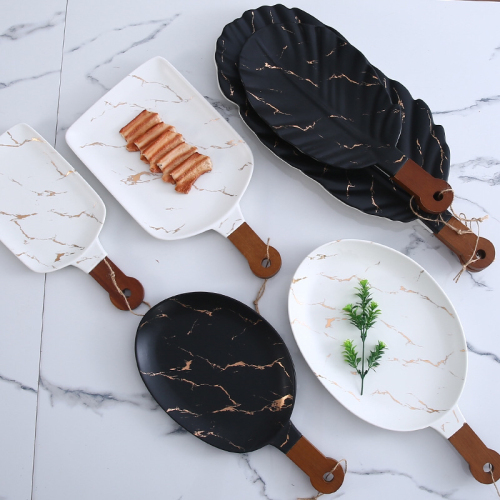 Ceramic Tableware Stone Pattern Nordic Simple Creative Plate Western Cuisine Plate Daily Necessities Gift Bamboo Wooden Handle Black and White