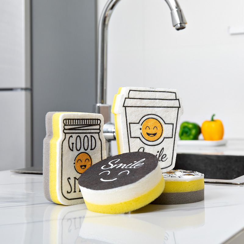 4-Piece Dish-Washing Sponge Cartoon High Density Kitchen Dish Cloth Scouring Pad Household Sponge Cl