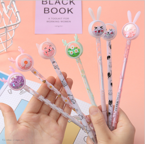 Korean Rabbit Ears Sequins Gel Pen Cute Ins Girl Heart Signature Pen Cartoon Student Exam Writing Ball Pen