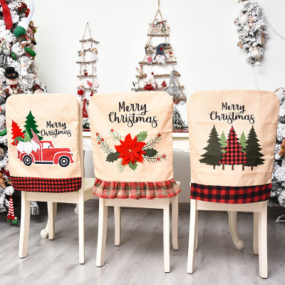 2020 New Christmas Decorative Chair Cover Creative Cartoon Machine Embroidered Linen Christmas Flower Chair Back Cover Car Cushion Case