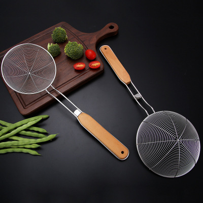 Small Wooden Handle Stainless Sieve Fried Filtering Strainer Anti-Scalding Wooden Handle Skimmer