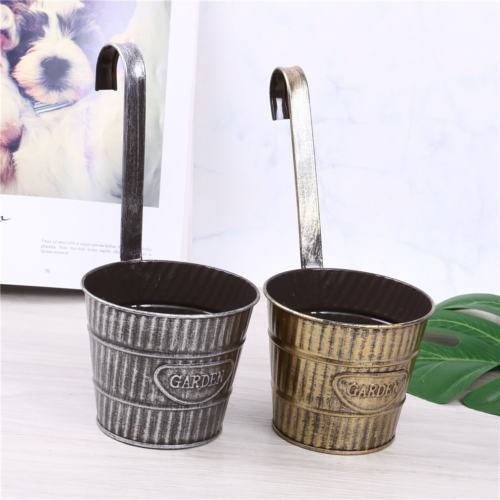 复古做旧铁皮挂钩桶铁花盆阳台办公桌小花桶田园风格吊挂盆