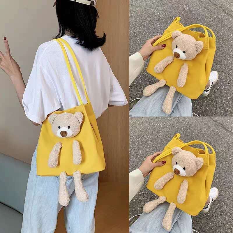 All-Cotton Portable Canvas Bag Women's Lamb Fur Bear Ornaments 2020 Fashion Korean Style Crossb