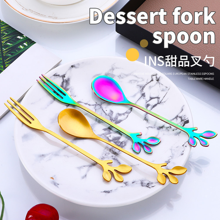 Creative 304 Stainless Steel Tableware Dessert Fruit Fork Spoon Cake Colorful Plating Cute Ins Leaf