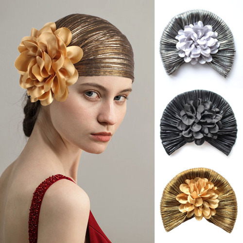 european and american high-end bronzing pleated cap vintage flower evening party elegant temperament trendy female headscarf hat pullover hat