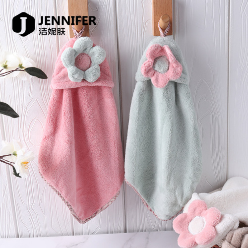 Hanging Hand Towel Cute Flowers Coral Fleece Kitchen Towel plus-Sized Strong Absorbent Cloth Korean Quick-Drying Hand Towel