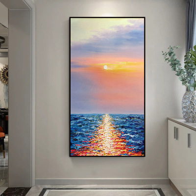 Hand-Painted Abstract Oil Painting Entrance Hallway Hanging Painting Sunrise Seascape Mural Hotel Pure Hand Drawing Hallway Vertical Decorative Painting