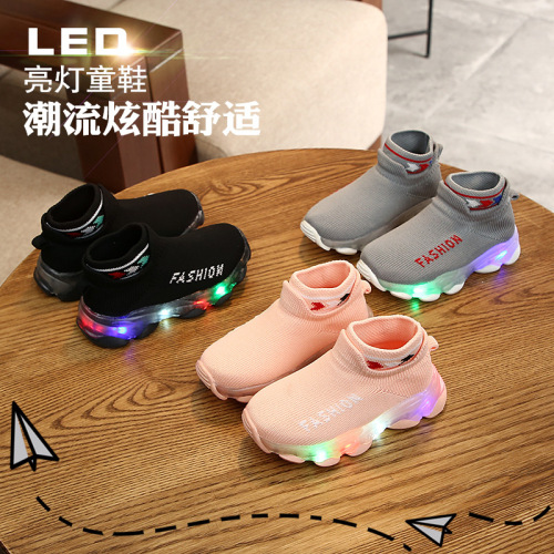 Factory Direct 2020 Cross-Border New Children‘s Shoes light Flying Woven Sneakers Slip-on Luminous Socks Shoes One-Piece Delivery