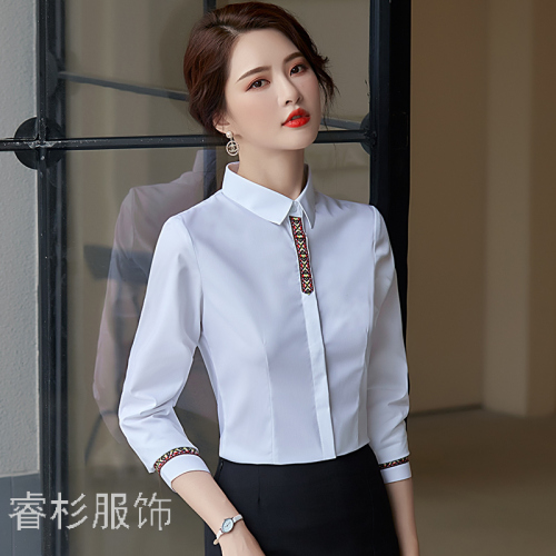 Women‘s Bamboo Fiber Anti-Wrinkle Shirt Small Square Collar Non-Ironing Business Slim-Fitting Suit Dark Placket Long Sleeve White Blouse Customization