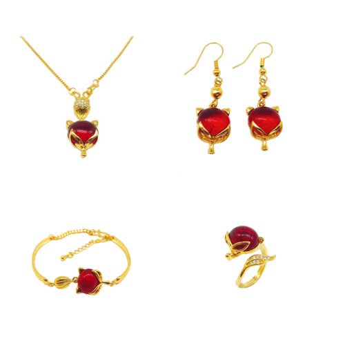 Live Boutique Vietnam Placer Gold Ruby Fox Bracelet Earrings Gold Plated Micro Inlaid Fox Necklace Ring Set
