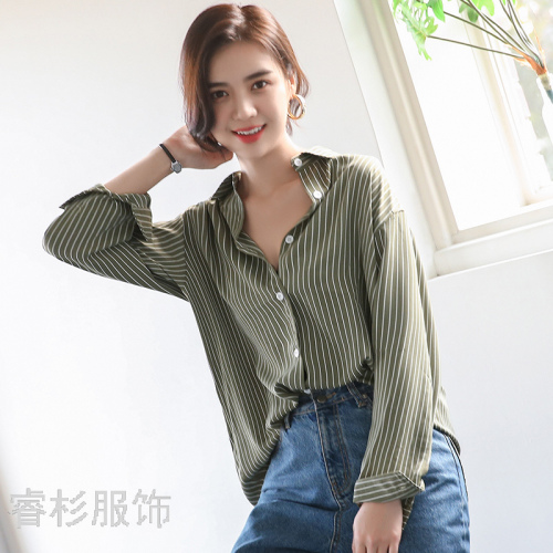 2022 autumn new striped shirt women‘s long sleeve fashionable temperament women‘s shirt commuter slim business wear top