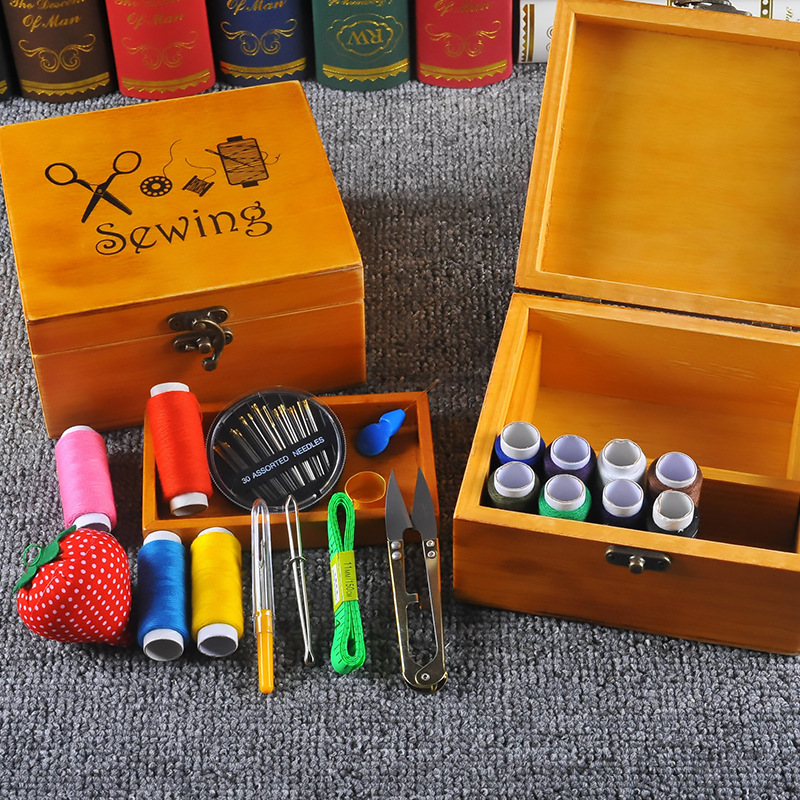 Wooden Household Portable Sewing Kit Solid Wood Sewing Box C...