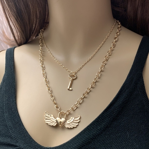 european and american temperament necklace women‘s cross chain heart-shape lock-shaped wings pendant necklace double-layer fashion street shooting accessories