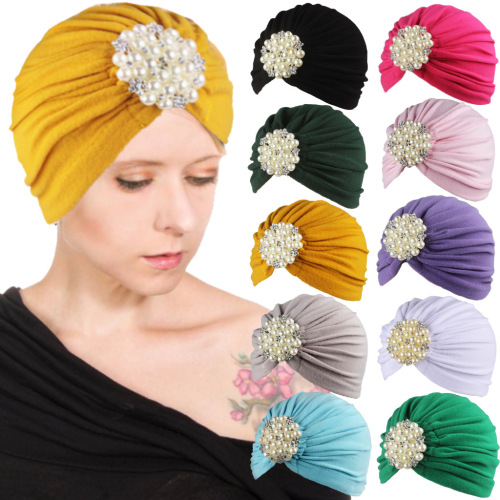 Foreign Trade Hot Selling Women‘s Hat Autumn and Winter Pullover Cap Large pearl Jewelry Headscarf Comfortable Adult Hat