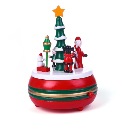 情人节椭圆底座圣诞节装饰八音盒 木质圣诞树旋转音乐盒礼品摆件