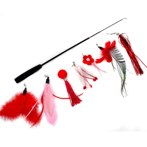 new year red fishing rod set 8-piece set 3-section telescopic 7 replacement head cat toy cat interaction