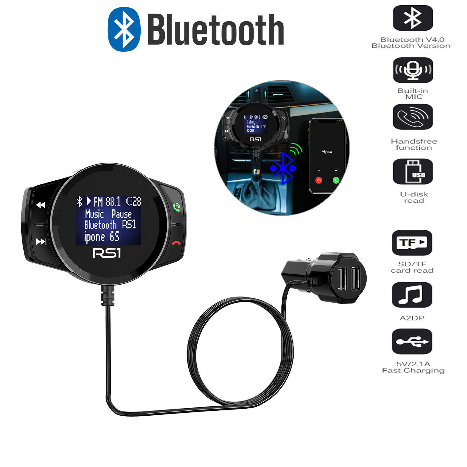Cross-Border New Rs1 Large Screen Car Bluetooth Voice Number FM Transmitter MP3 Playback Car Bluetoo