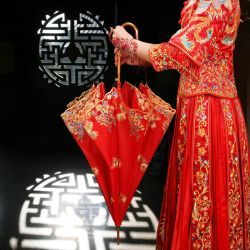 Wedding Umbrella Wedding Dual-Use Chinese Wedding Supplies Lace Wedding Long Handle Umbrella Retro out Bride Wedding Red Umbrella