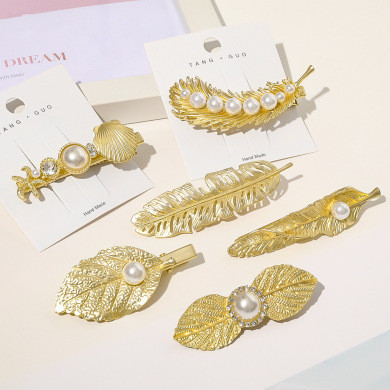 New European and American Metal Hairpin Alloy Gold Leaf Duckbill Clip Pearl Hairpin Popular Leaf Bangs Clip
