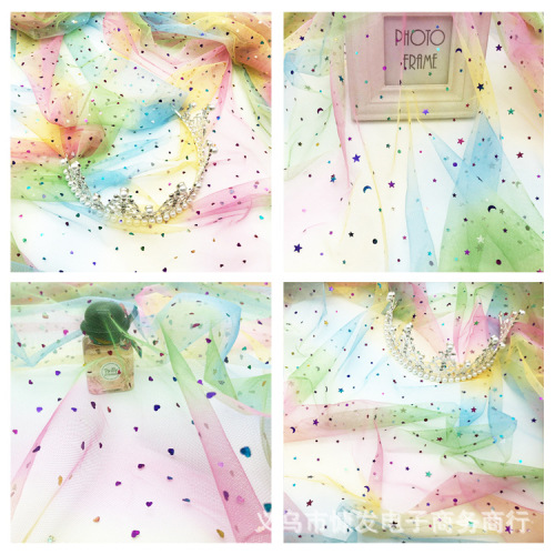 36a hexagonal mesh rainbow sequins mesh fabric gradient color stars moon sequins dress tutu yarn fabric